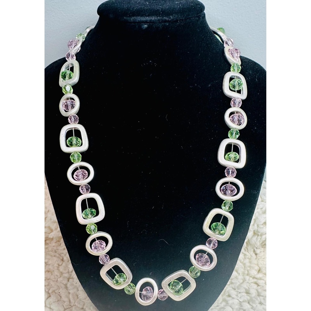 Handmade Geometric Statement Necklace Silver Tone Green Pink Beads